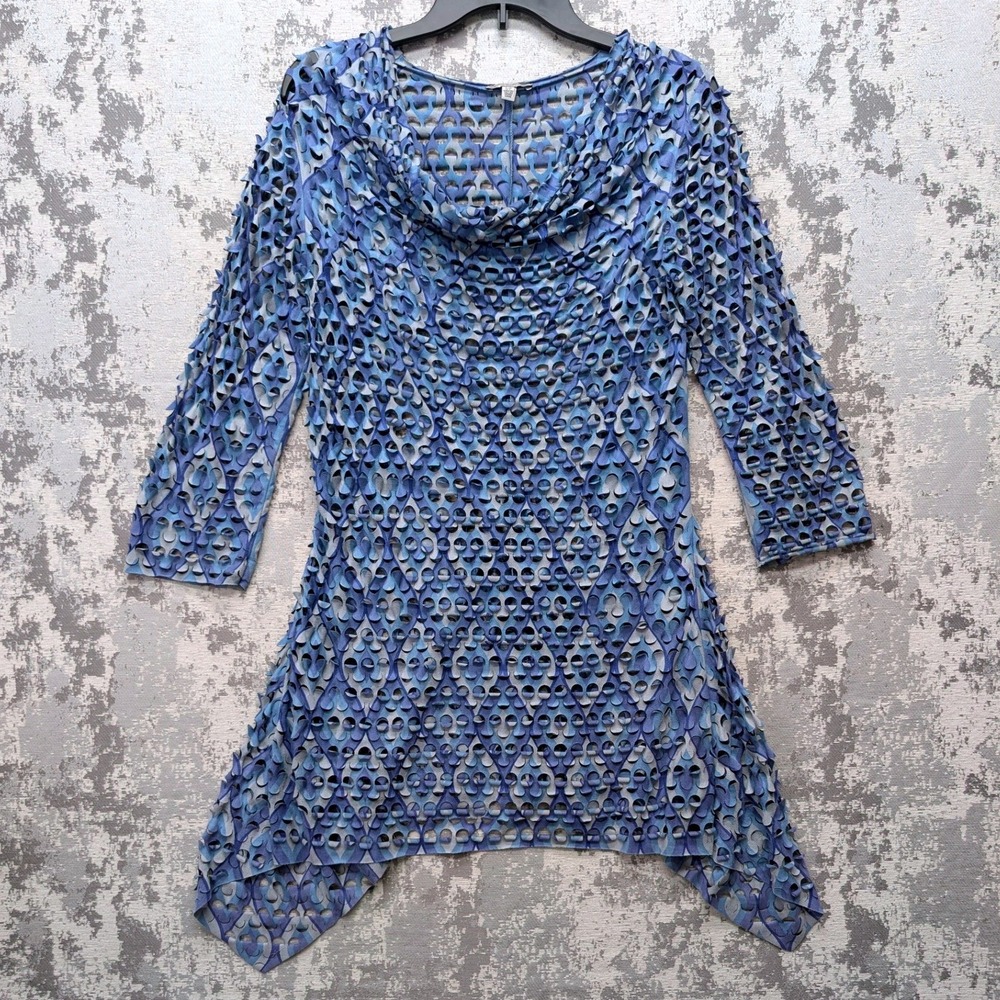Linea‎ Domani Blue Abstract Cutout Caftan Cowl Neck Tunic Top Sz Small Chest 30"